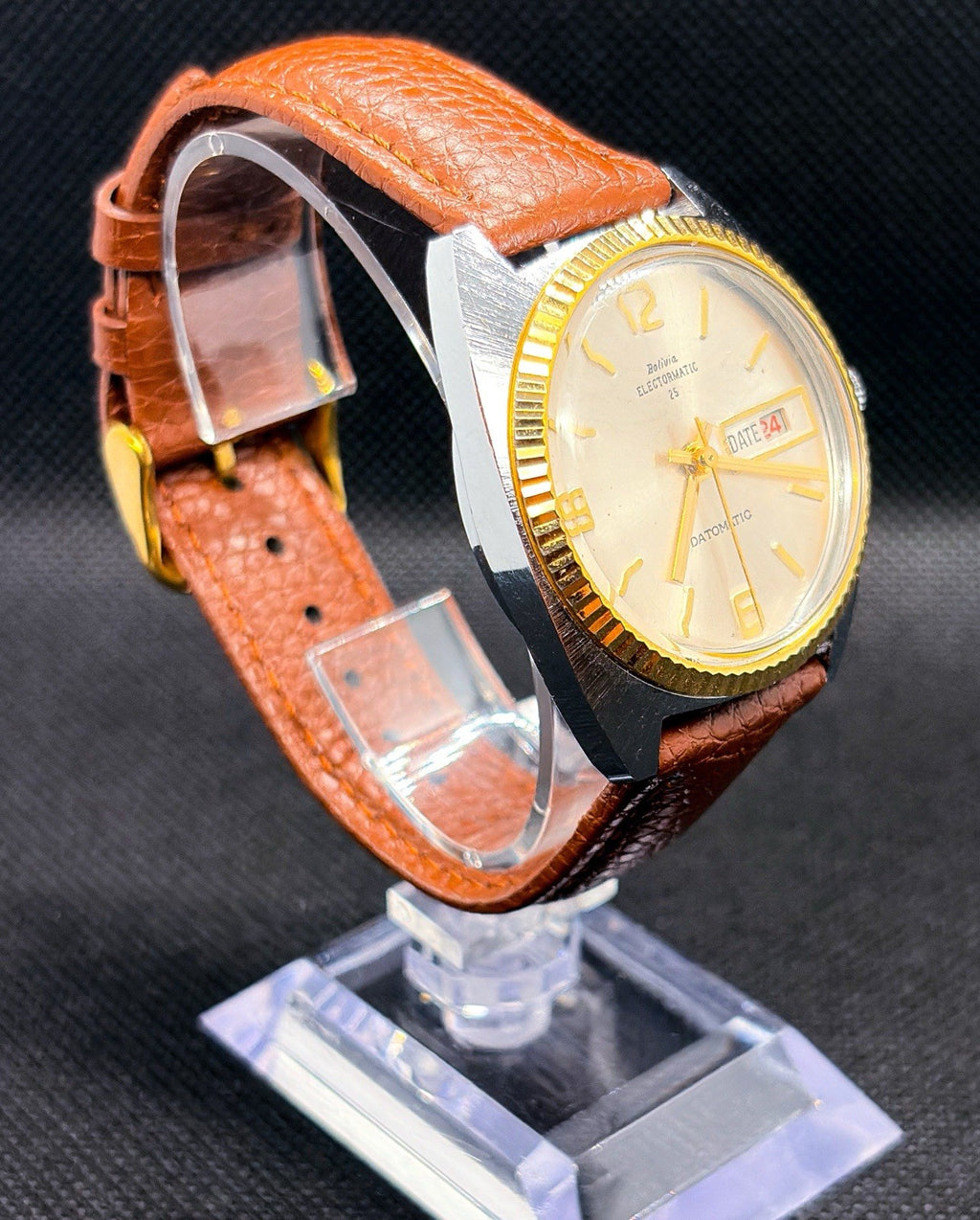 Vintage 1970s Bolivia Electormatic 25 Datomatic Watch Fluted Bezel 36mm Case