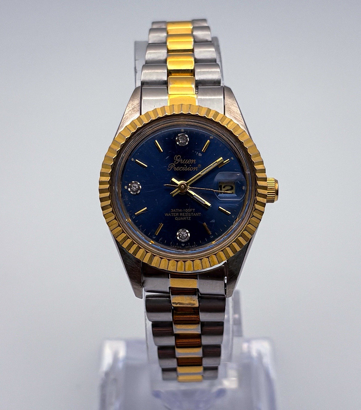 Vintage Gruen Precision Quartz Two Tone Blue Diamond Dial Date Ladies Watch