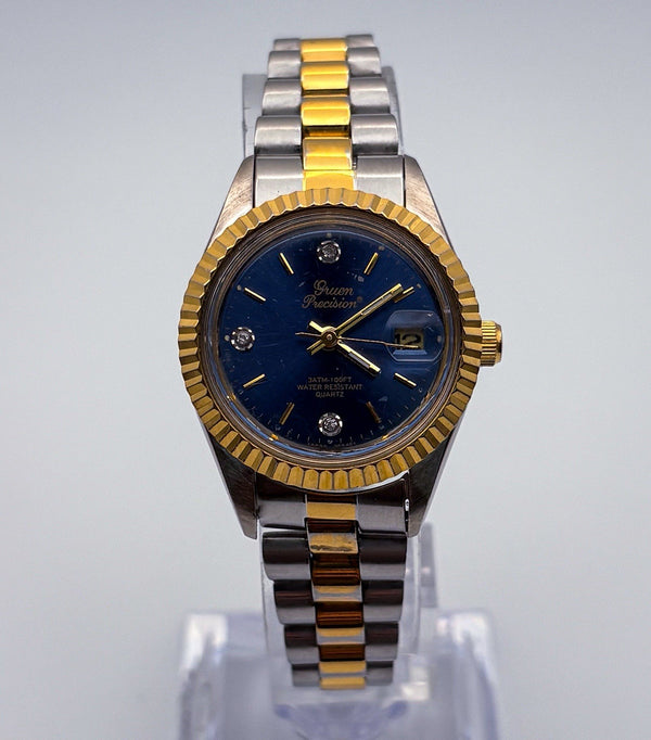 Vintage Gruen Precision Quartz Two Tone Blue Diamond Dial Date Ladies Watch