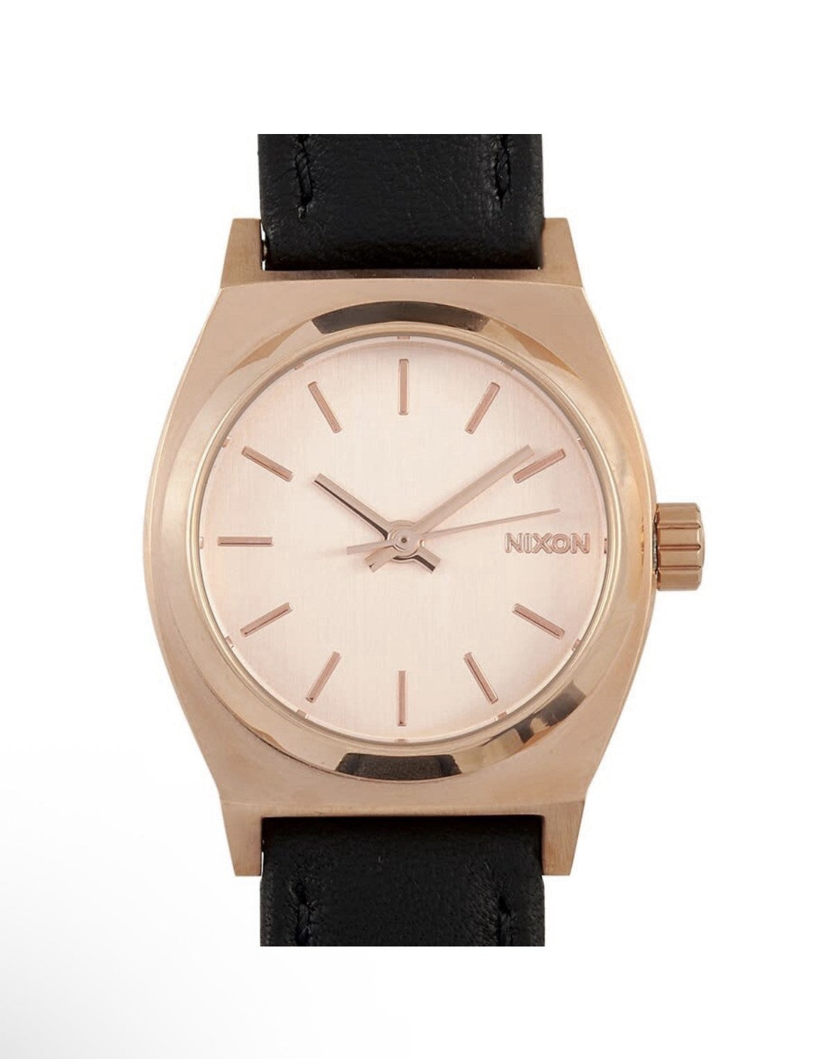 Nixon Women's Small Time Teller Rose Gold-Tone Watch with Black Leather Band New