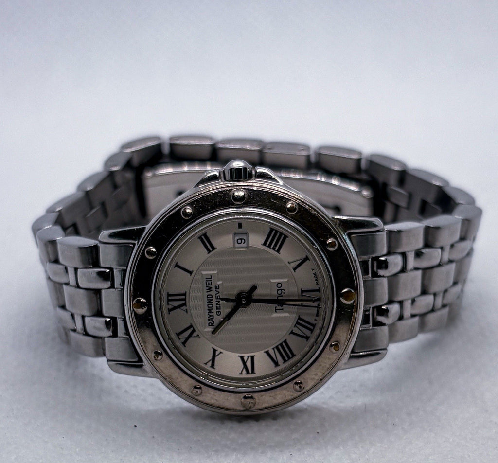 Vintage 1990s Raymond Weil Tango 5360 Swiss Quartz Steel Roman Date Ladies Watch