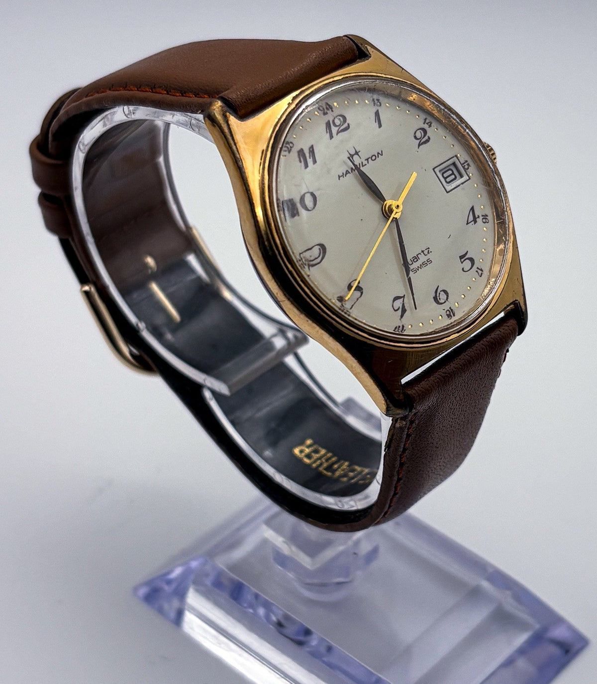 Hamilton 9058 Gold Quartz 34mm Swiss Mens Watch Cream Breguet Dial Date