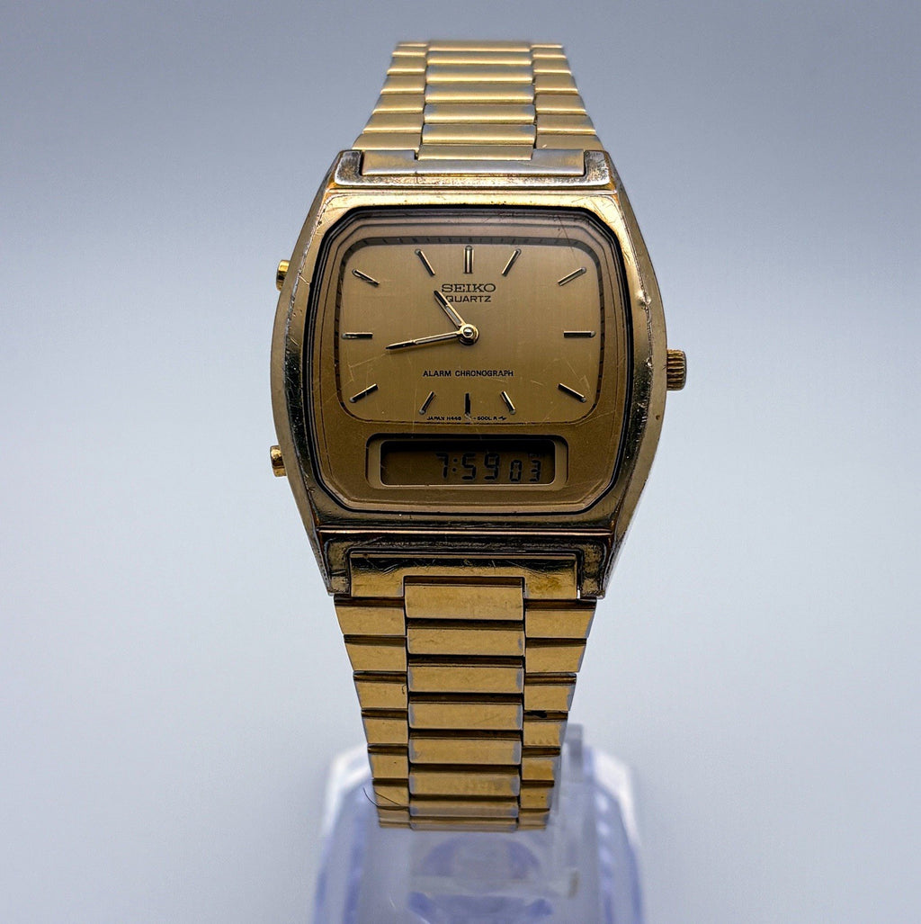 Vintage 1984 Seiko H448-5009 Ana-Digi Alarm Chronograph Gold Men's Tank Watch