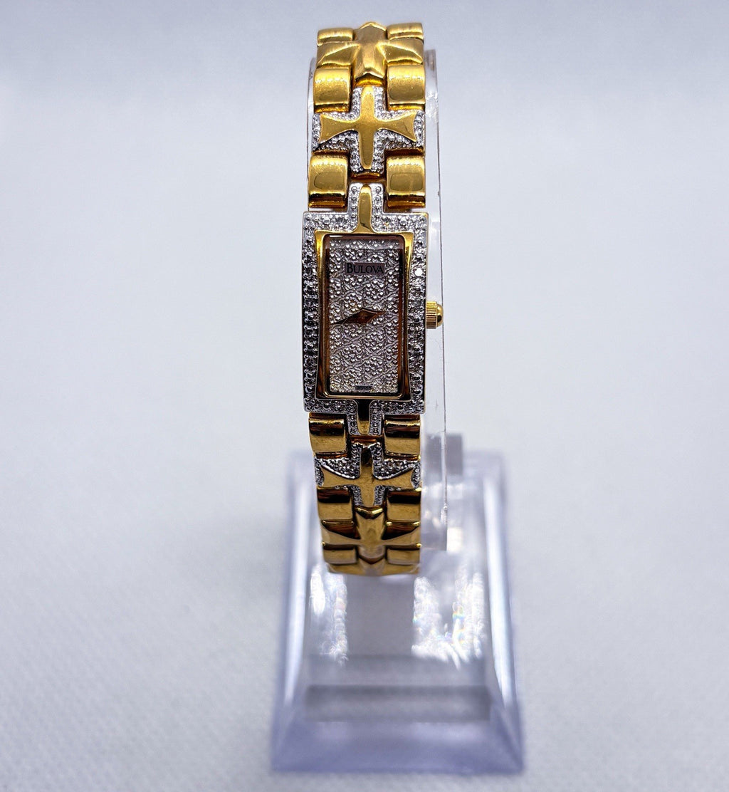 Bulova Ladies Diamond Watch 98R68 Two Tone Cross Link Patterned Dial WORKING