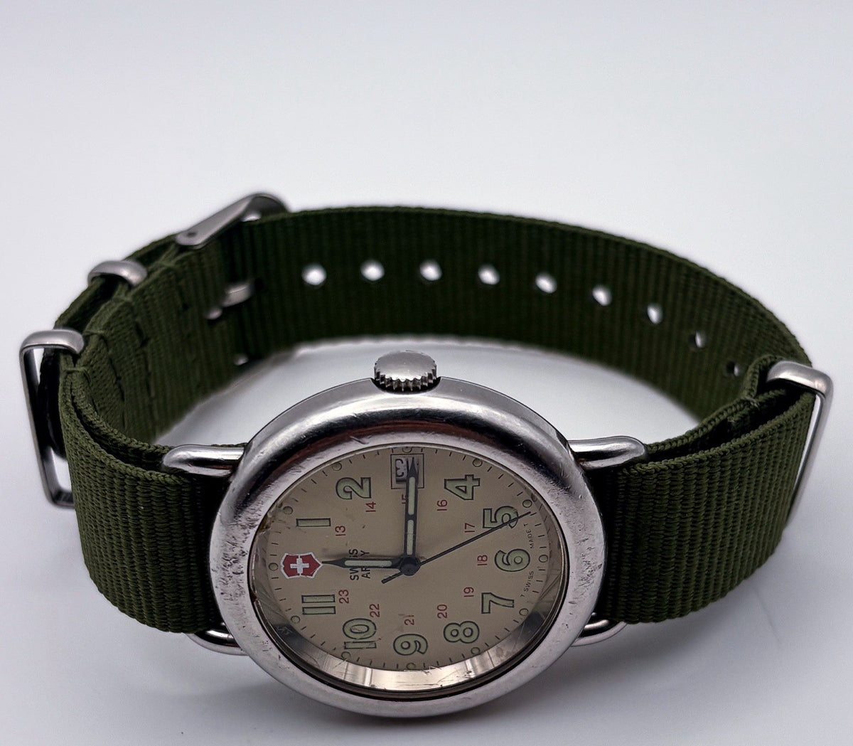 Vintage Swiss Army Cavalry 38mm Men's Field Watch Cream Dial Nylon Date Run