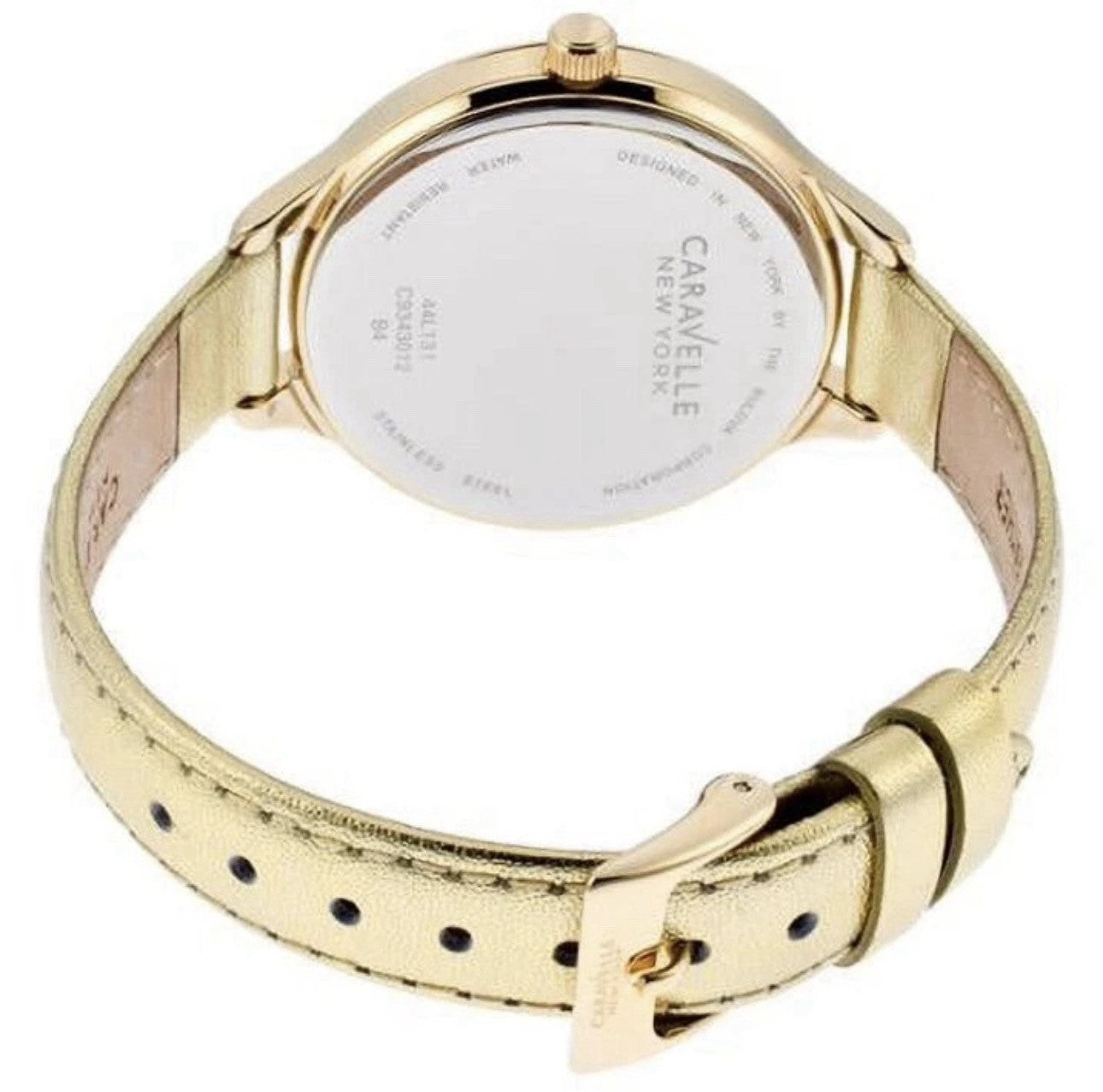 Caravelle New York Ladies Gold Dial Crystal Accent Gold Leather Watch 44L131