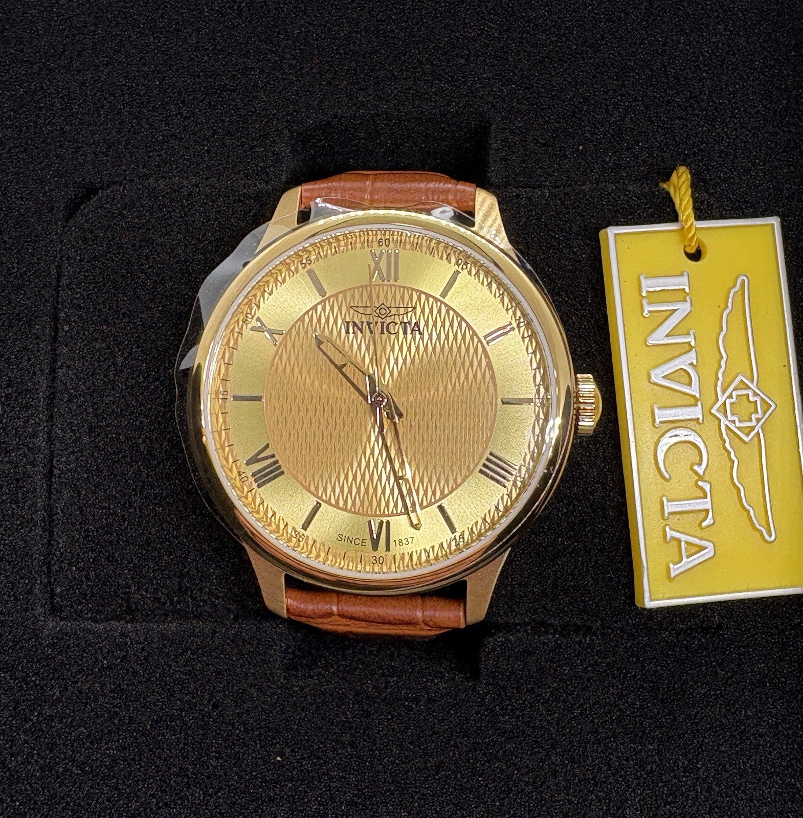Invicta Celestial 43mm Model Number 50468 Gold Dial Stainless Steel Leather Band