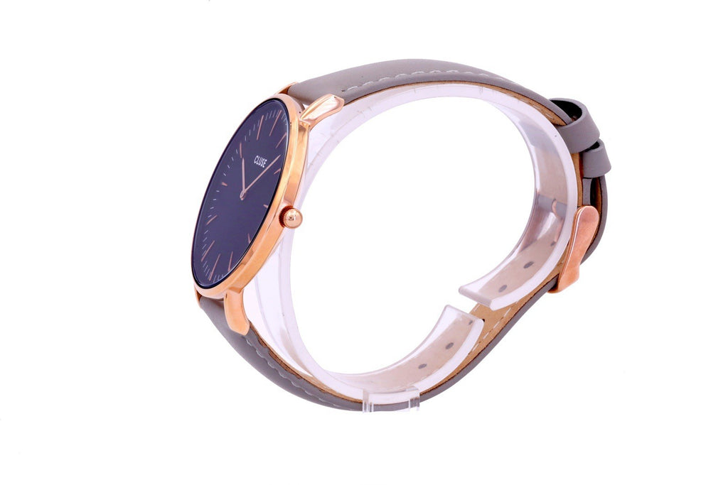 Cluse La Boheme Watch Women Rose Gold Case 38mm Gray Leather Band Black Dial