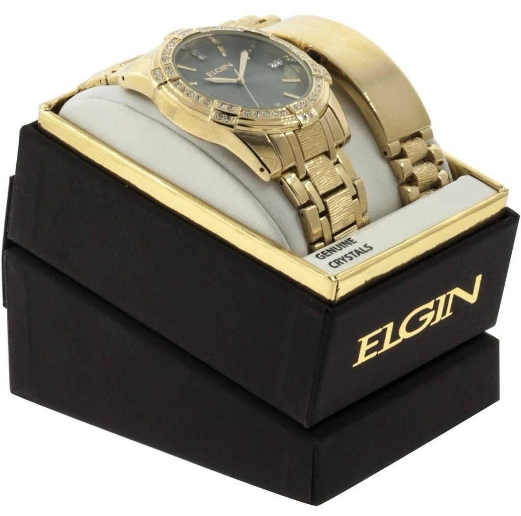 Elgin Men's Watch Bracelet Set Gold Tone with 54 Crystals Gem Bezel FG10009ST