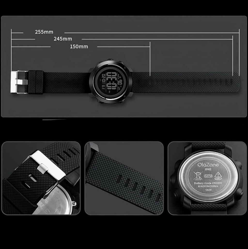 Olazone Quartz Watch Men 5 ATM Black Reverse LCD Digital Alarm Chrono 1426