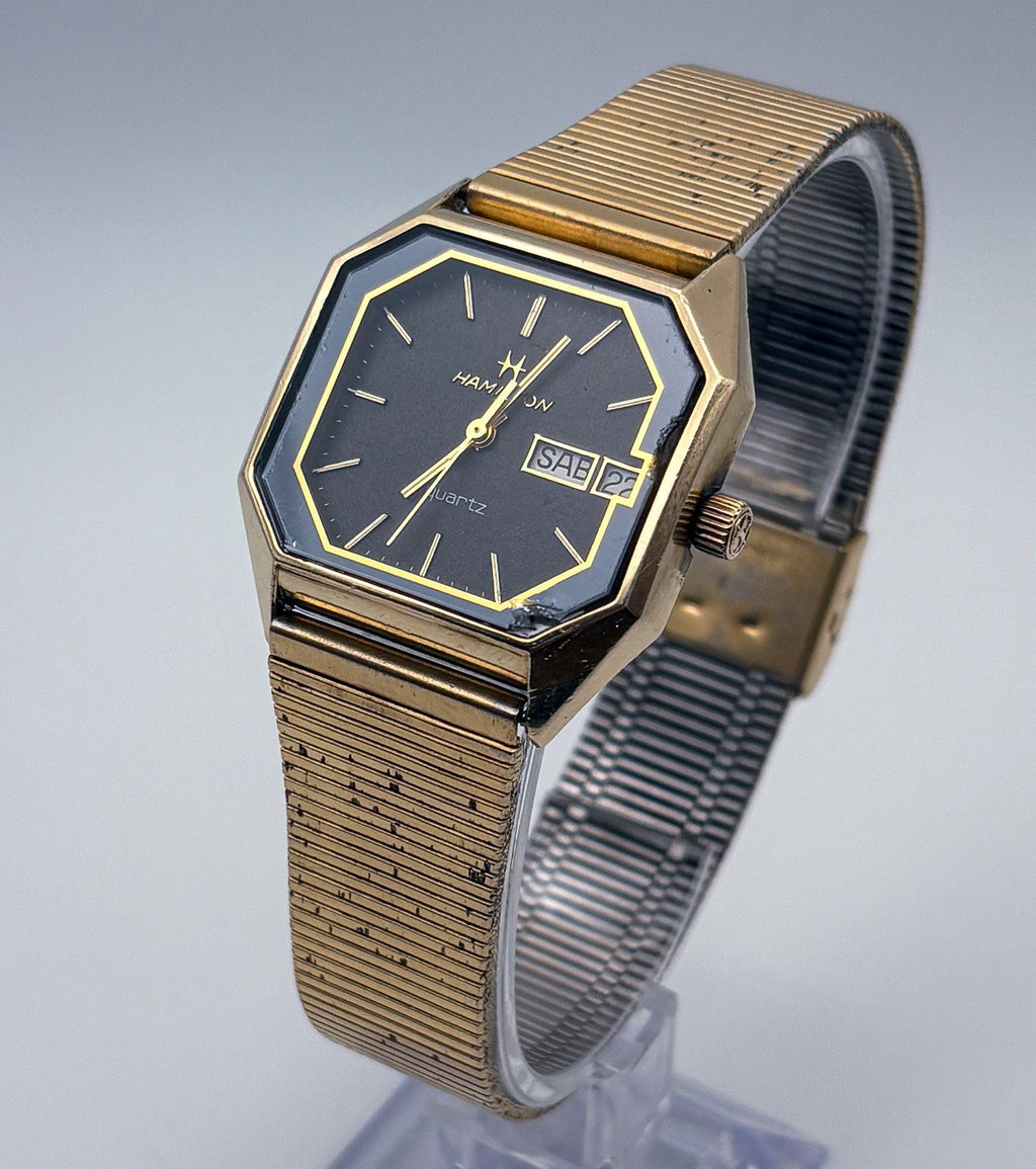 Vintage Hamilton 908679 Octagonal Watch 10K RGP Black Day Date Original Band