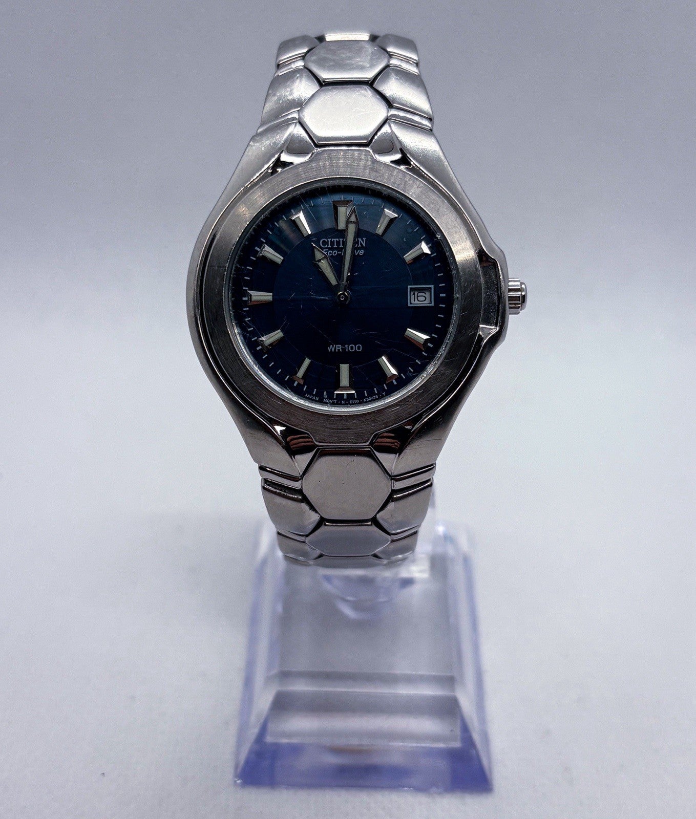 Citizen Eco-Drive E110-K16385 Blue Dial 37mm Hex Link SS Men's Watch 6.5” Wrist