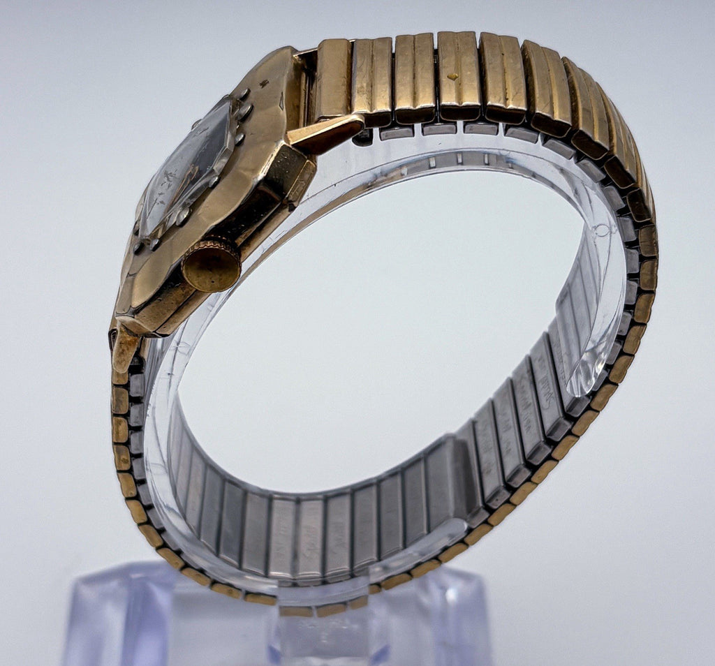 Vintage 1950 Gruen Veri-Thin 10K Gold Filled Faceted Bezel Black Gilt Mens Watch