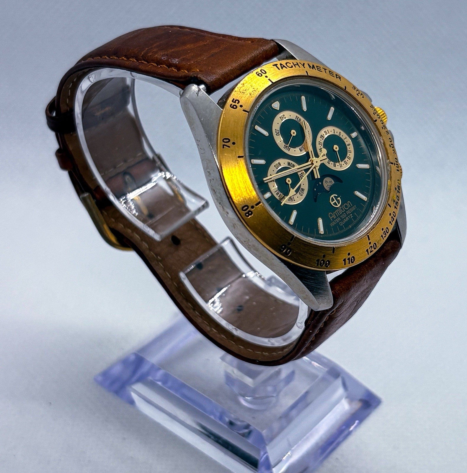 Vintage Armitron 20/2647 Moonphase Men's Watch Tachymeter Green Dial Day Date