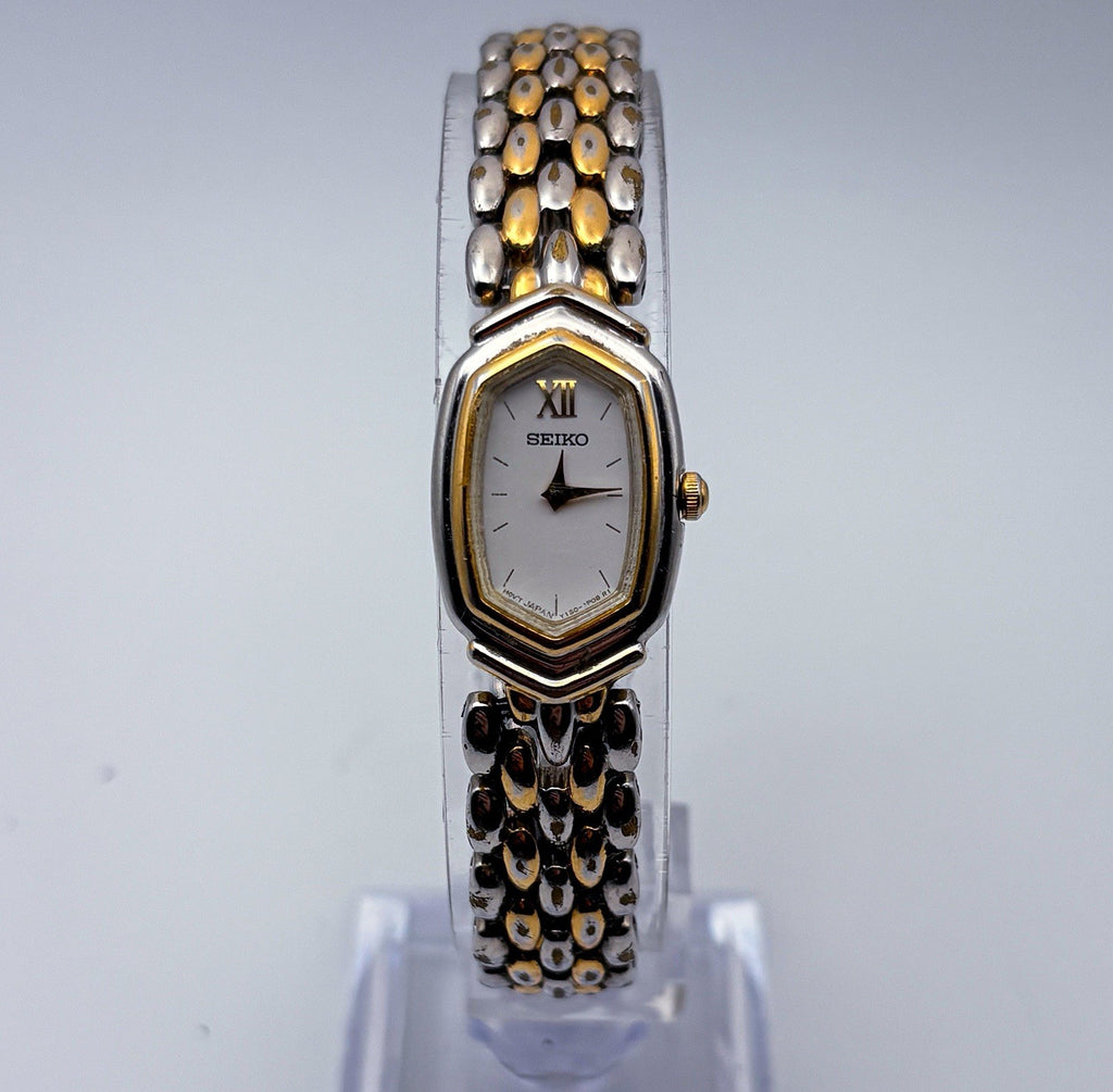 VTG 1999 Seiko Y150-5M89 Ladies Two Tone Rice Link Watch White Hex Shield Dial