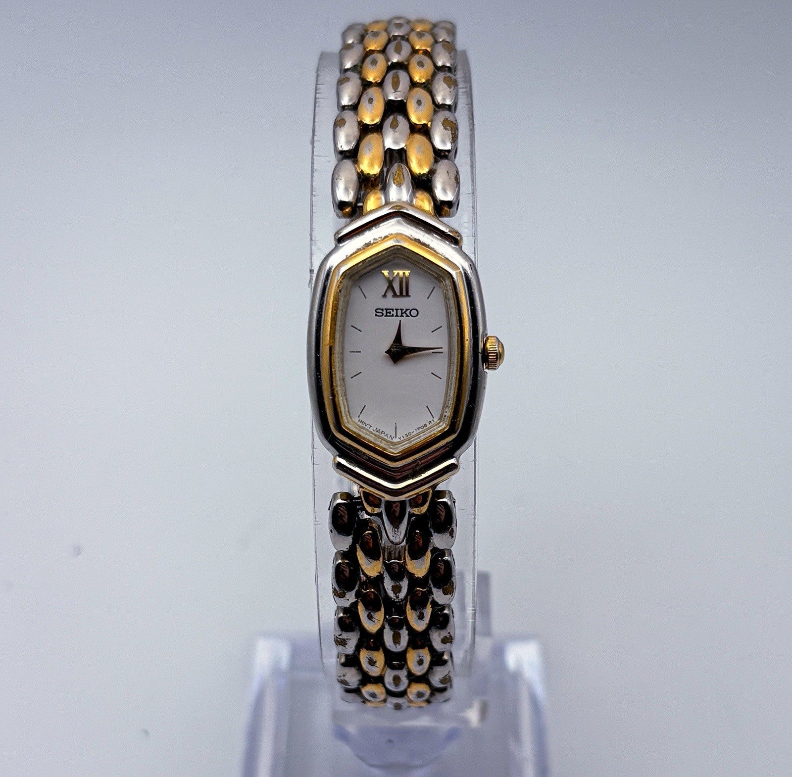VTG 1999 Seiko Y150-5M89 Ladies Two Tone Rice Link Watch White Hex Shield Dial