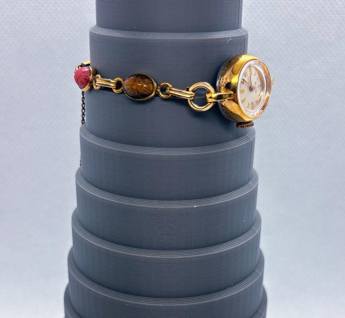 Vintage Elgin Mechanical Ladies Watch 10K RGP Scarab Beetle Gemstone Bracelet