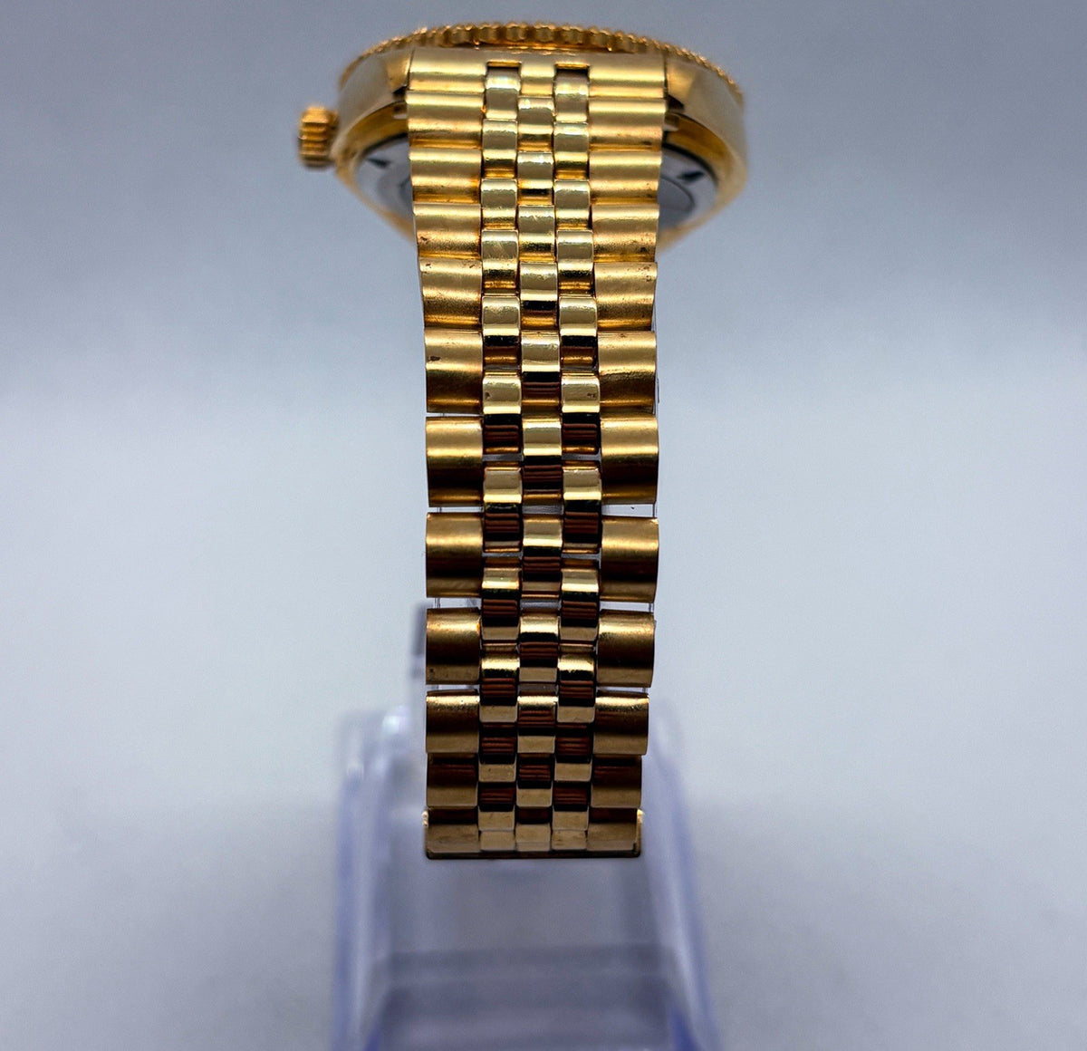 Vintage Gruen President Day Date Quartz Gold Tone Iced Bezel Crystal Men's Watch