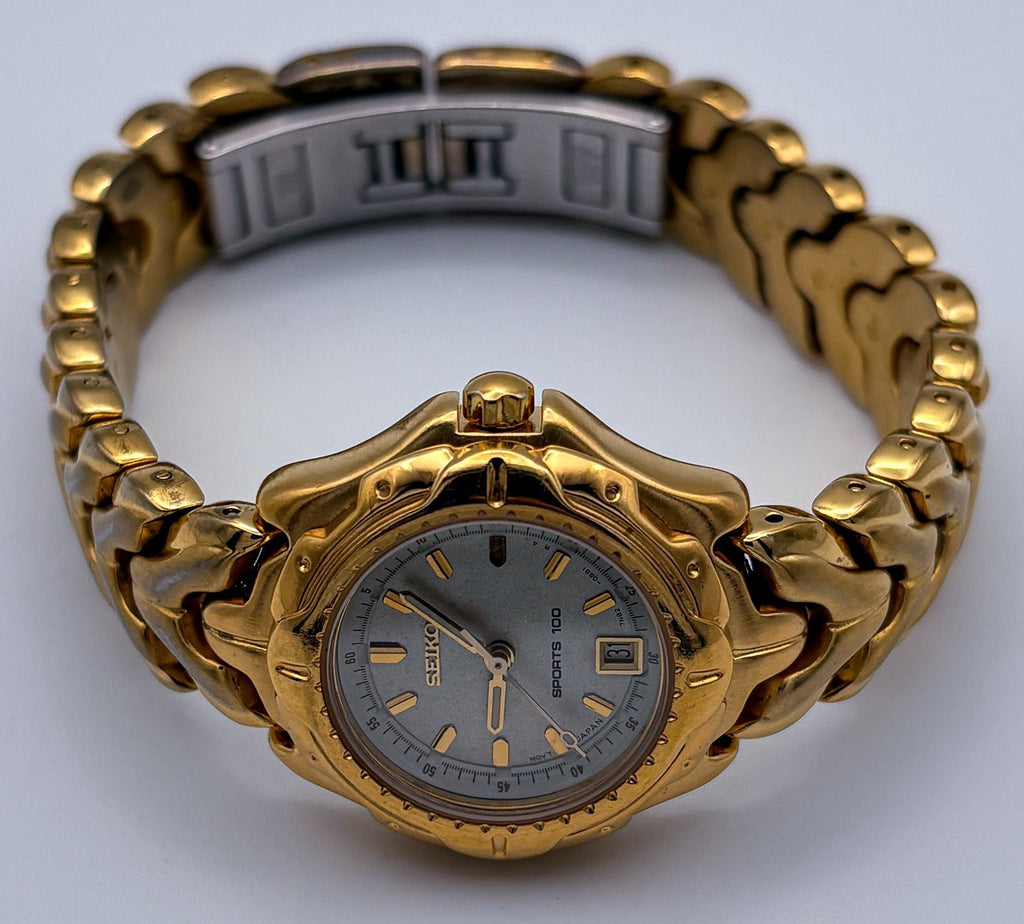 VTG 1996 Seiko Sports 100 Ladies Gold Watch Sapphlex Crystal Date 7N82-0379 [A4]