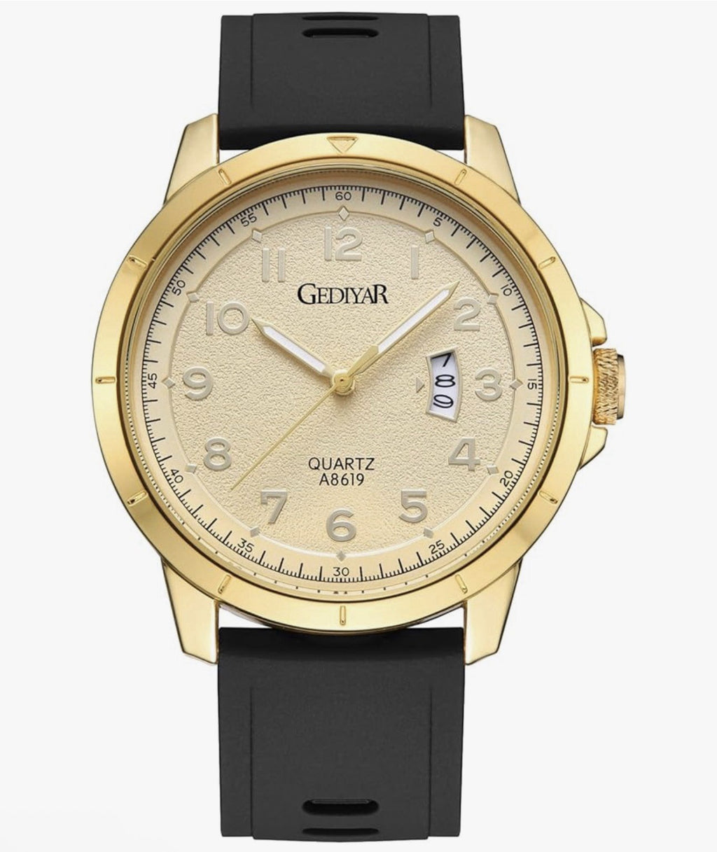 Gediyar Men’s Quartz Watch Gold Case/Dial Black Silicone Band 45mm Case A8619