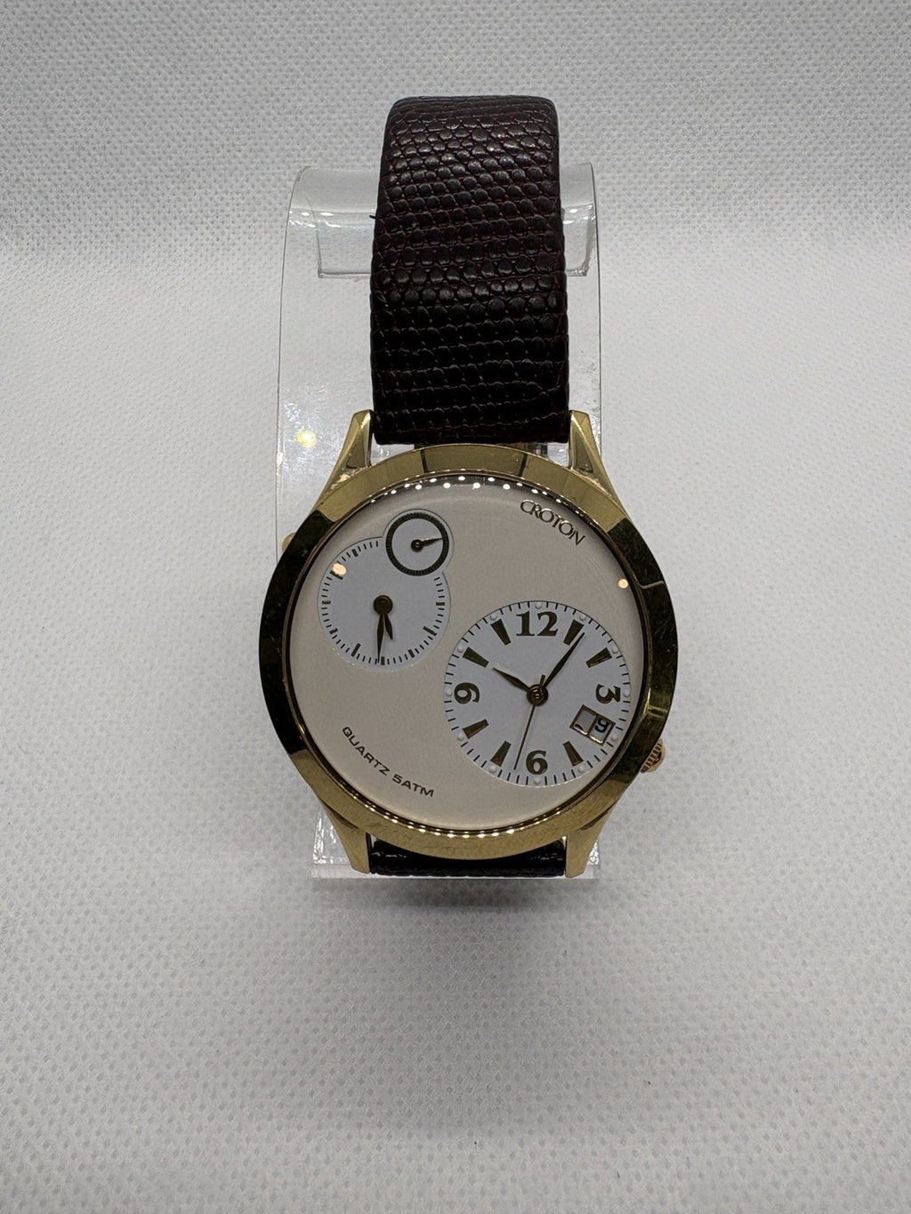 Croton Dual Time Japan MVT Cream Dial Genuine Brown Leather Band