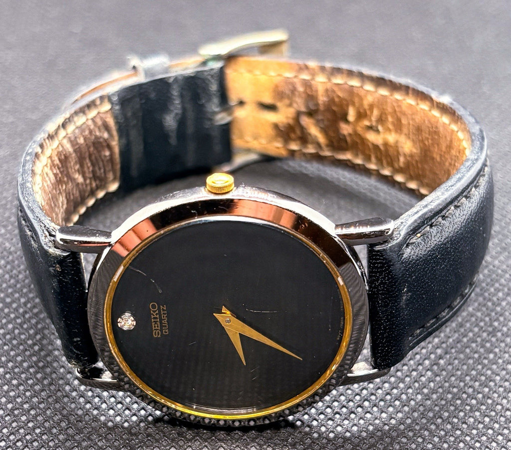 Vintage 1992 Seiko 7N00-8A49 Museum 34mm Black Dial Diamond Accent Quartz Watch
