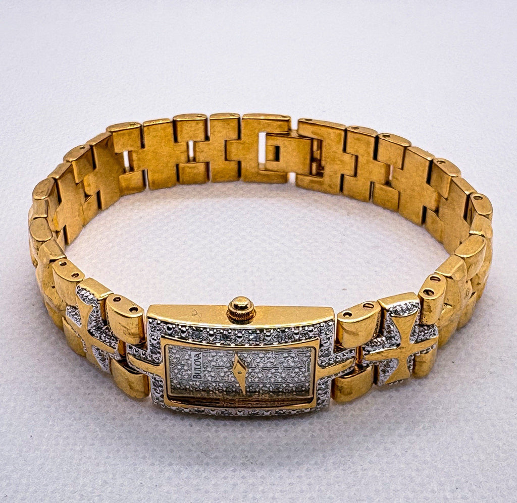 Bulova Ladies Diamond Watch 98R68 Two Tone Cross Link Patterned Dial WORKING