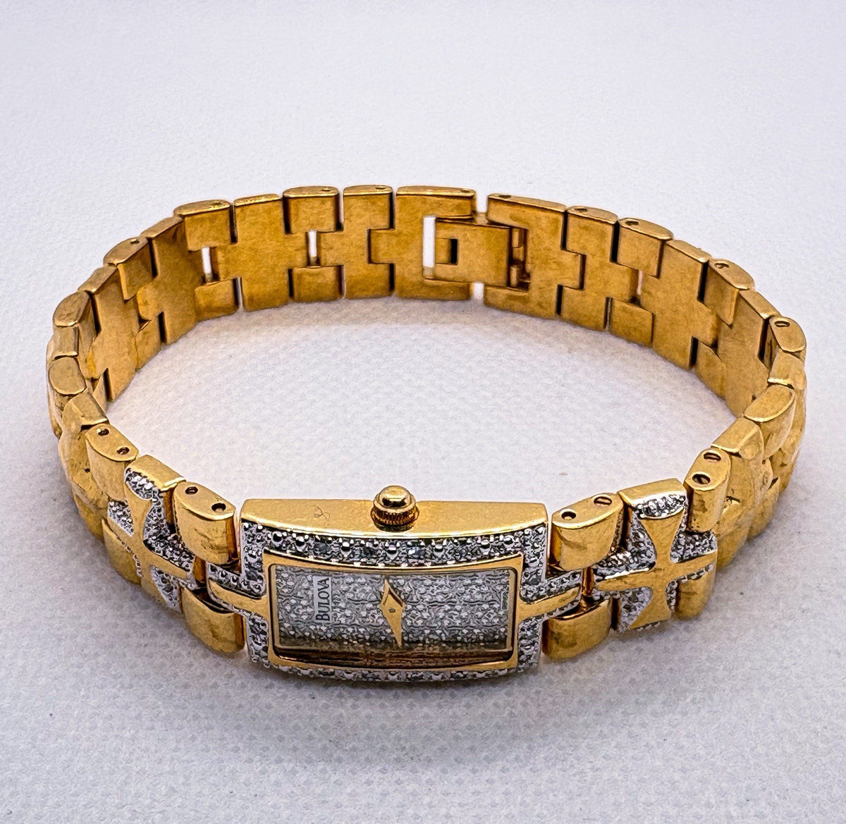 Bulova Ladies Diamond Watch 98R68 Two Tone Cross Link Patterned Dial WORKING