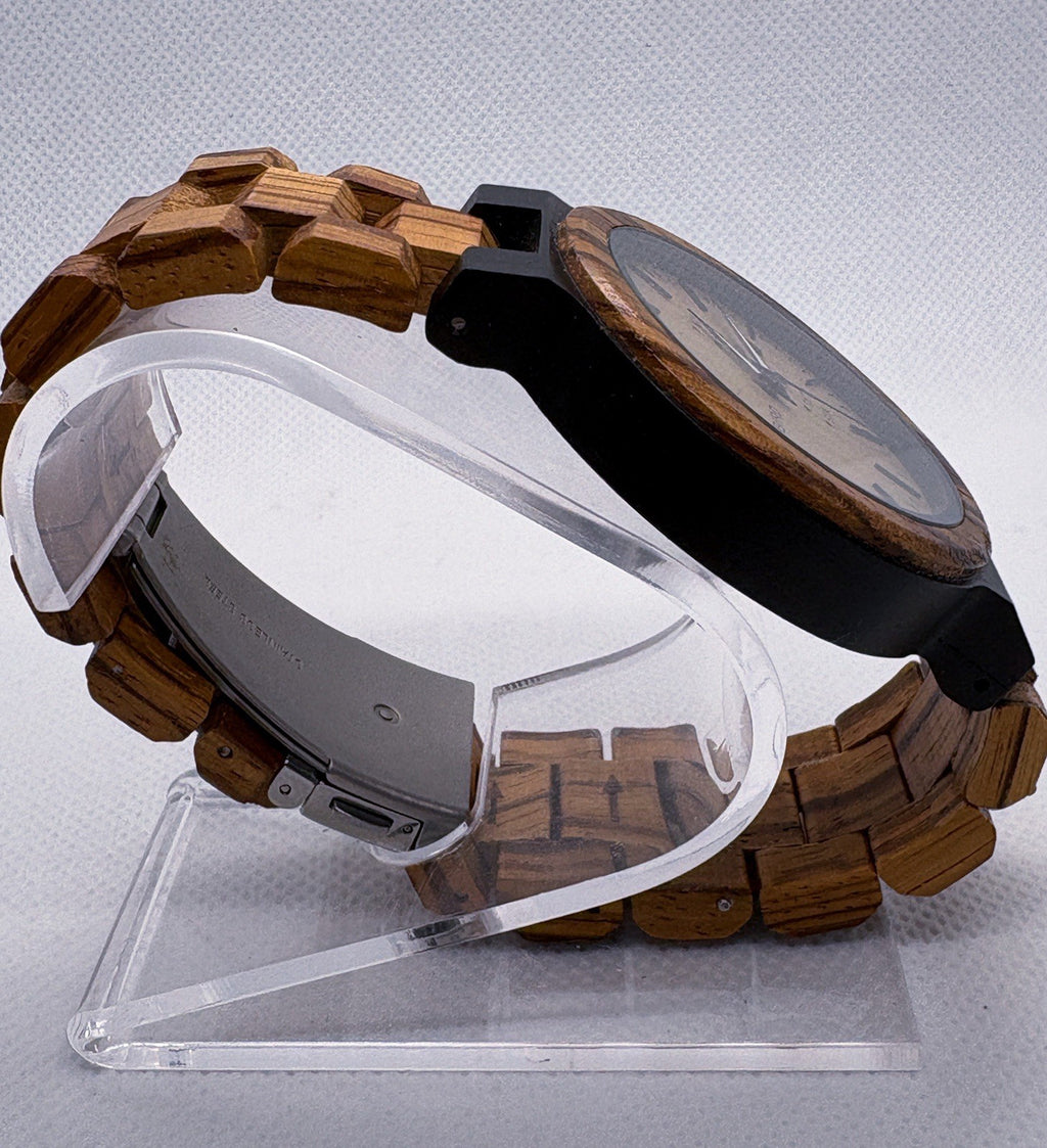 BOBO BIRD Men's Zebra Wood Watch O26-1 Day Date Quartz Handcrafted Excellent