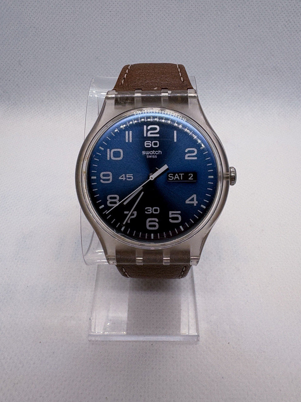 Swatch Originals Daily Friend Quartz Watch 42mm Blue Dial Leather Band SUOK701