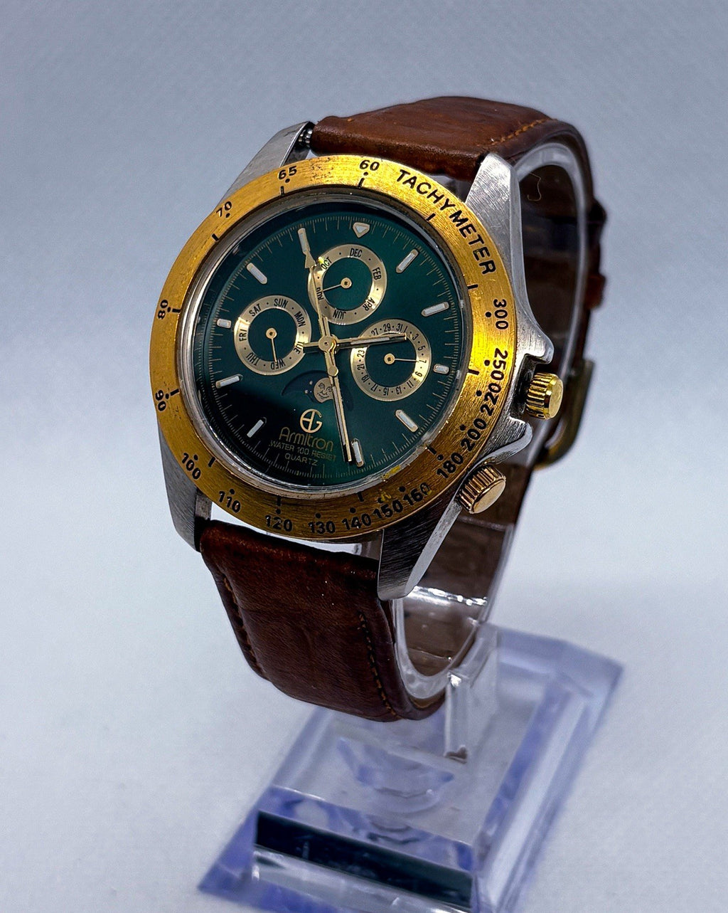Vintage Armitron 20/2647 Moonphase Men's Watch Tachymeter Green Dial Day Date
