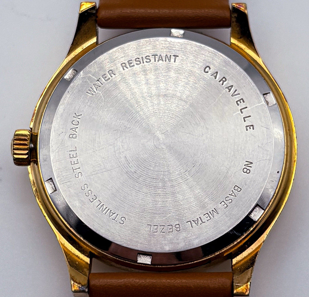 Vintage 1978 Caravelle N8 Mechanical 34mm Mens Gold Watch Silver Sunburst Date