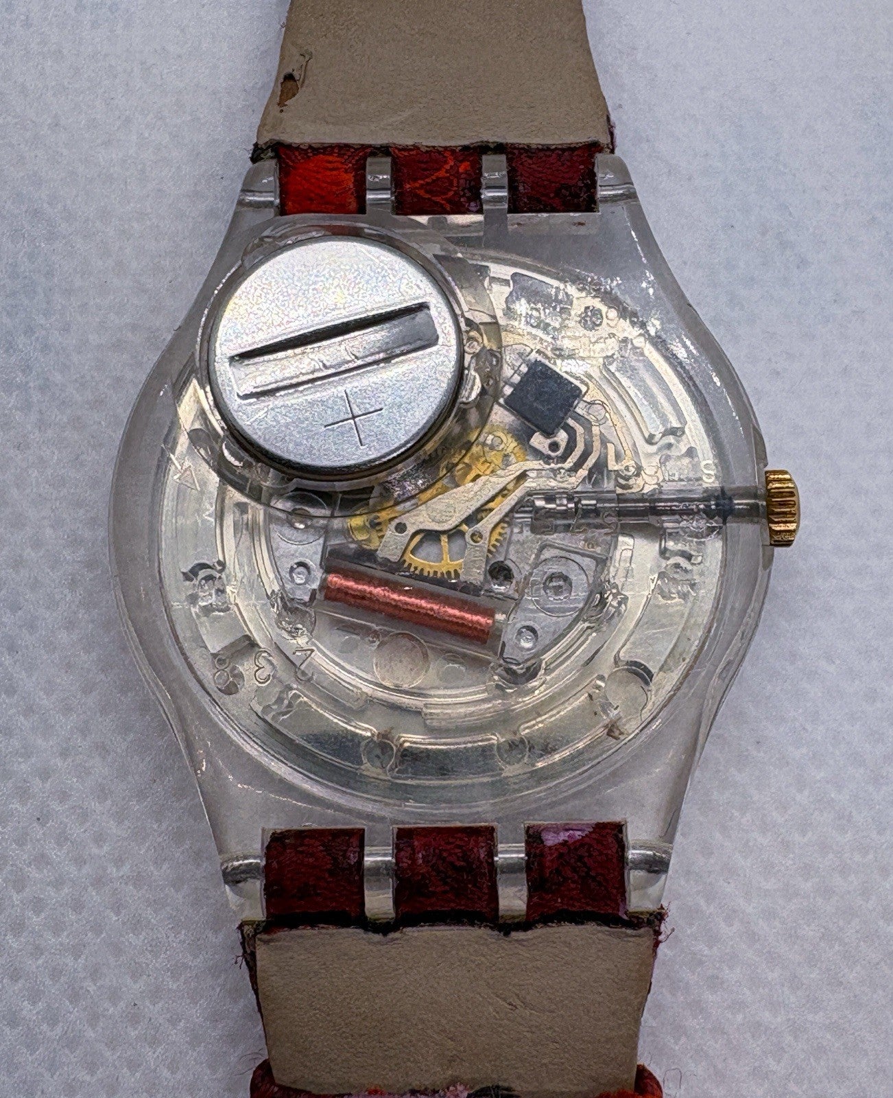 Swatch Swiss Quartz Watch GK390 Primula Men 34mm Clear Case Leather Patterned