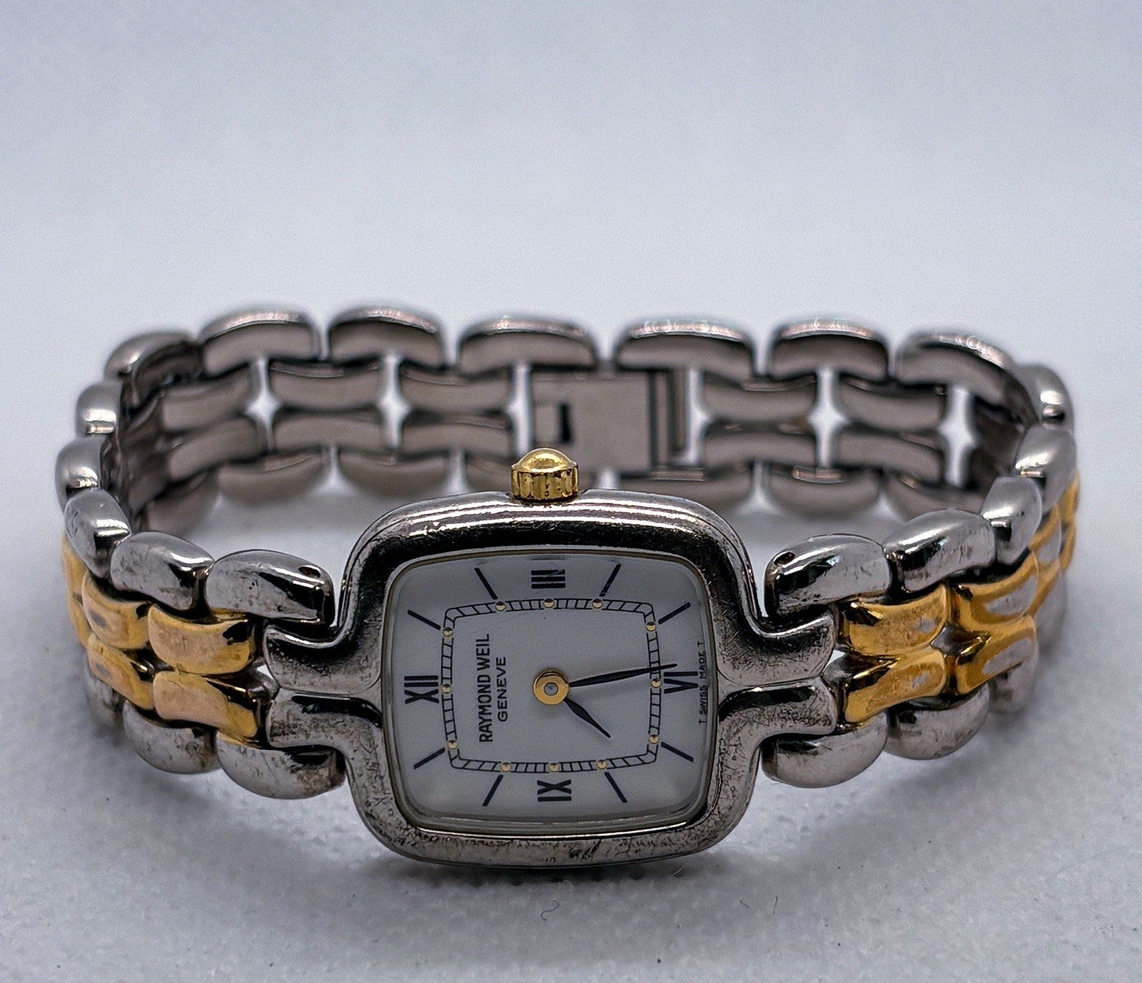 VTG 1990s Raymond Weil 5877 Ladies Watch Two Tone White Dial Square Swiss Quartz