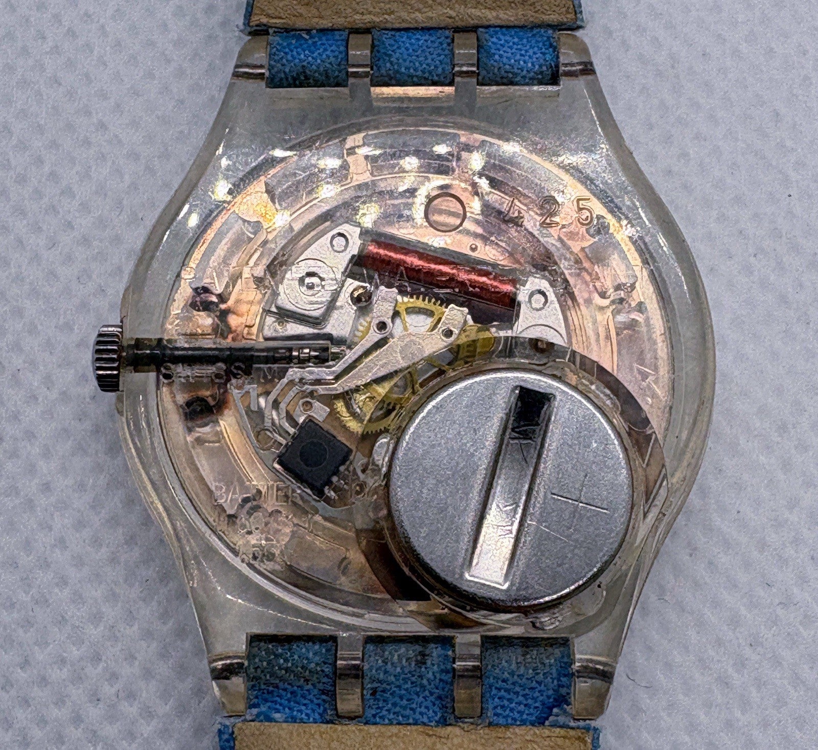 Swatch Happy Field Watch Silver Face Embroidered Flowers Band Clear Case GE146