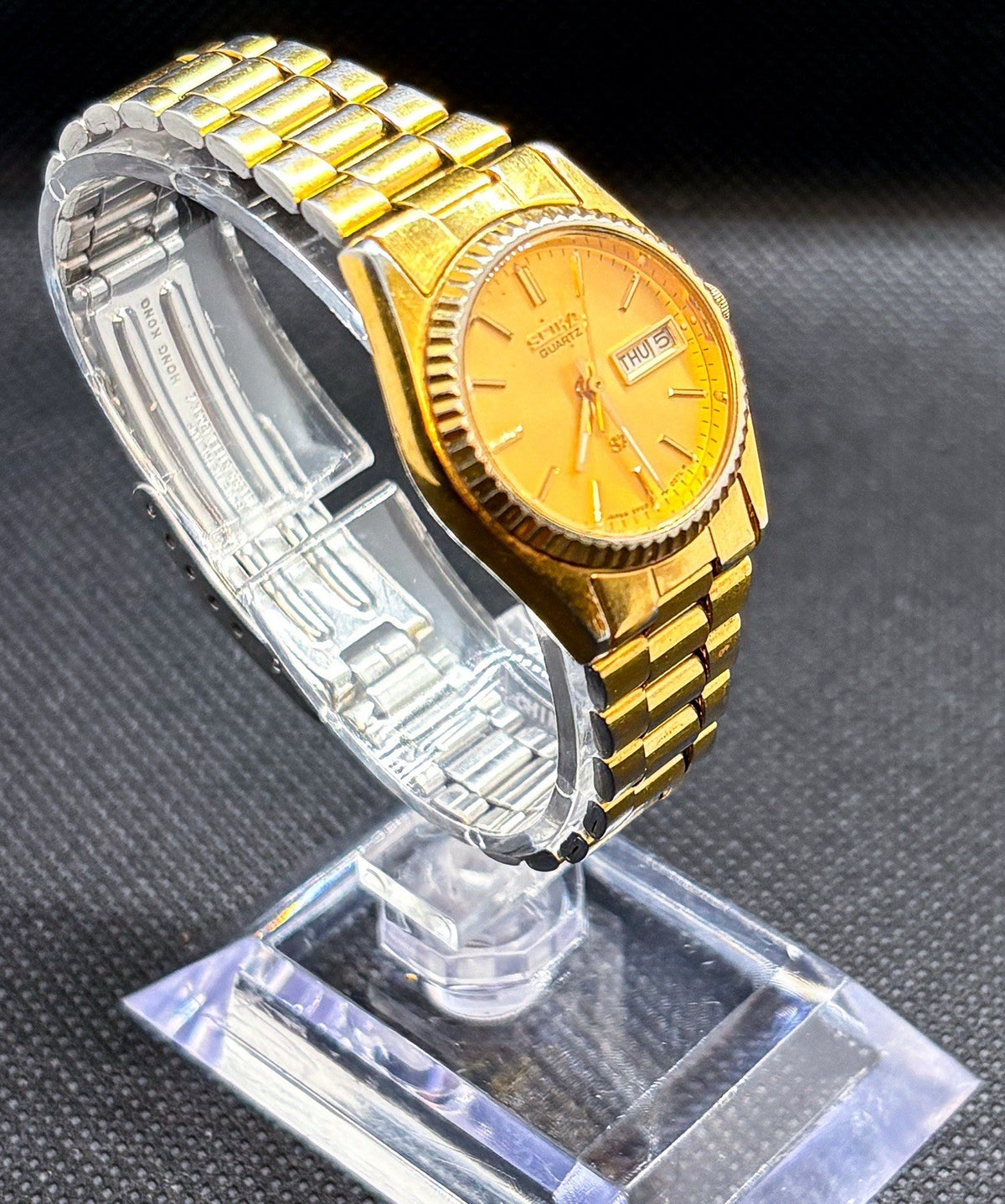 VTG 1991 Seiko SQ President Women's Watch Gold Fluted Bezel Day Date 3Y03-0169