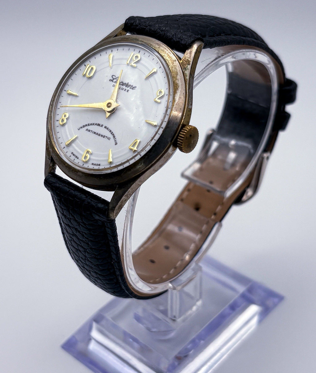 Vintage 1965 Lucerne De Luxe Swiss Mechanical Watch White Tuxedo Ring Dial Runs