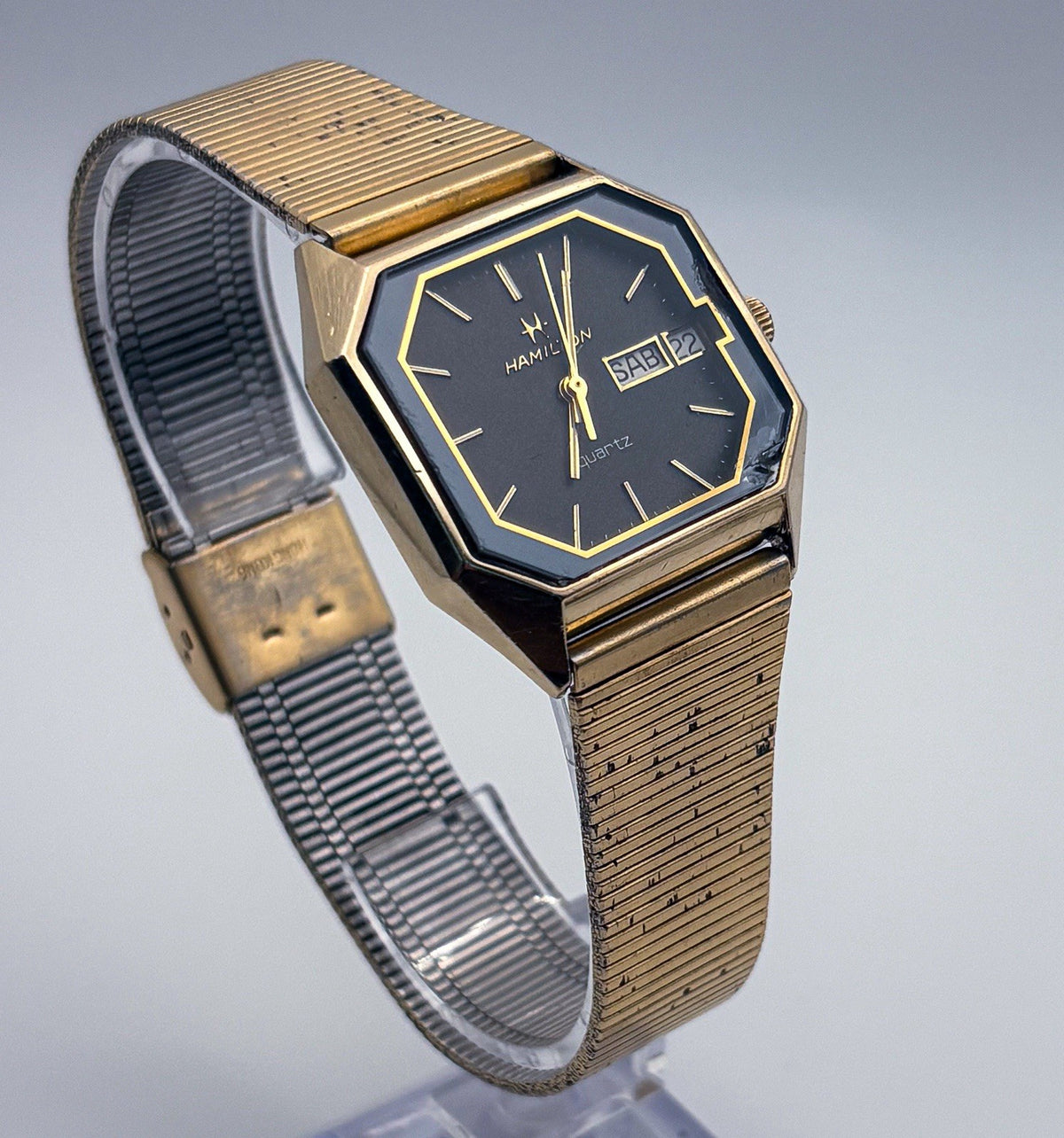 Vintage Hamilton 908679 Octagonal Watch 10K RGP Black Day Date Original Band