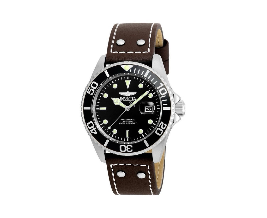 Invicta Pro Diver Men's Watch Black Dial 43mm Case Brown Leather Band  22069