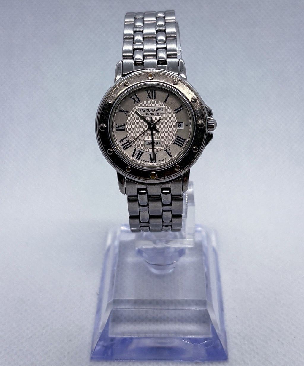 Vintage 1990s Raymond Weil Tango 5360 Swiss Quartz Steel Roman Date Ladies Watch