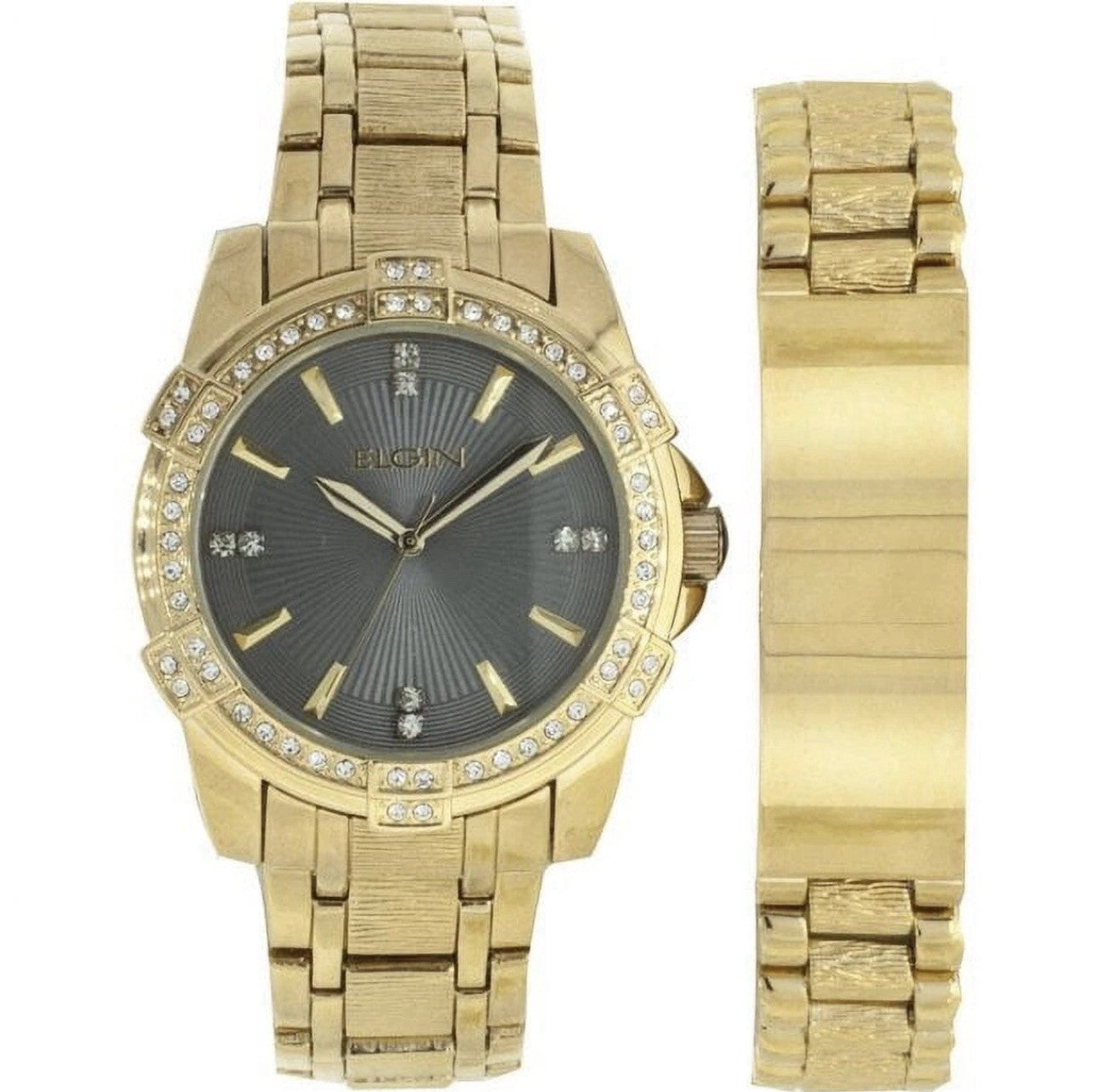 Elgin Men's Watch Bracelet Set Gold Tone with 54 Crystals Gem Bezel FG10009ST