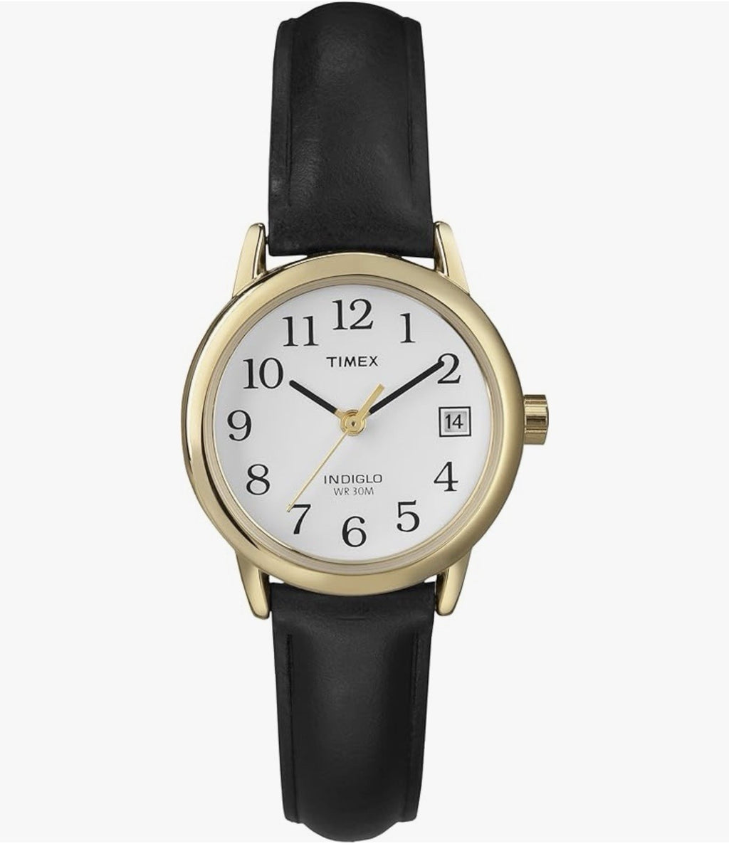 Timex Easy Reader Women's Watch T2H341 - 25mm Gold Case - Black Leather Strap
