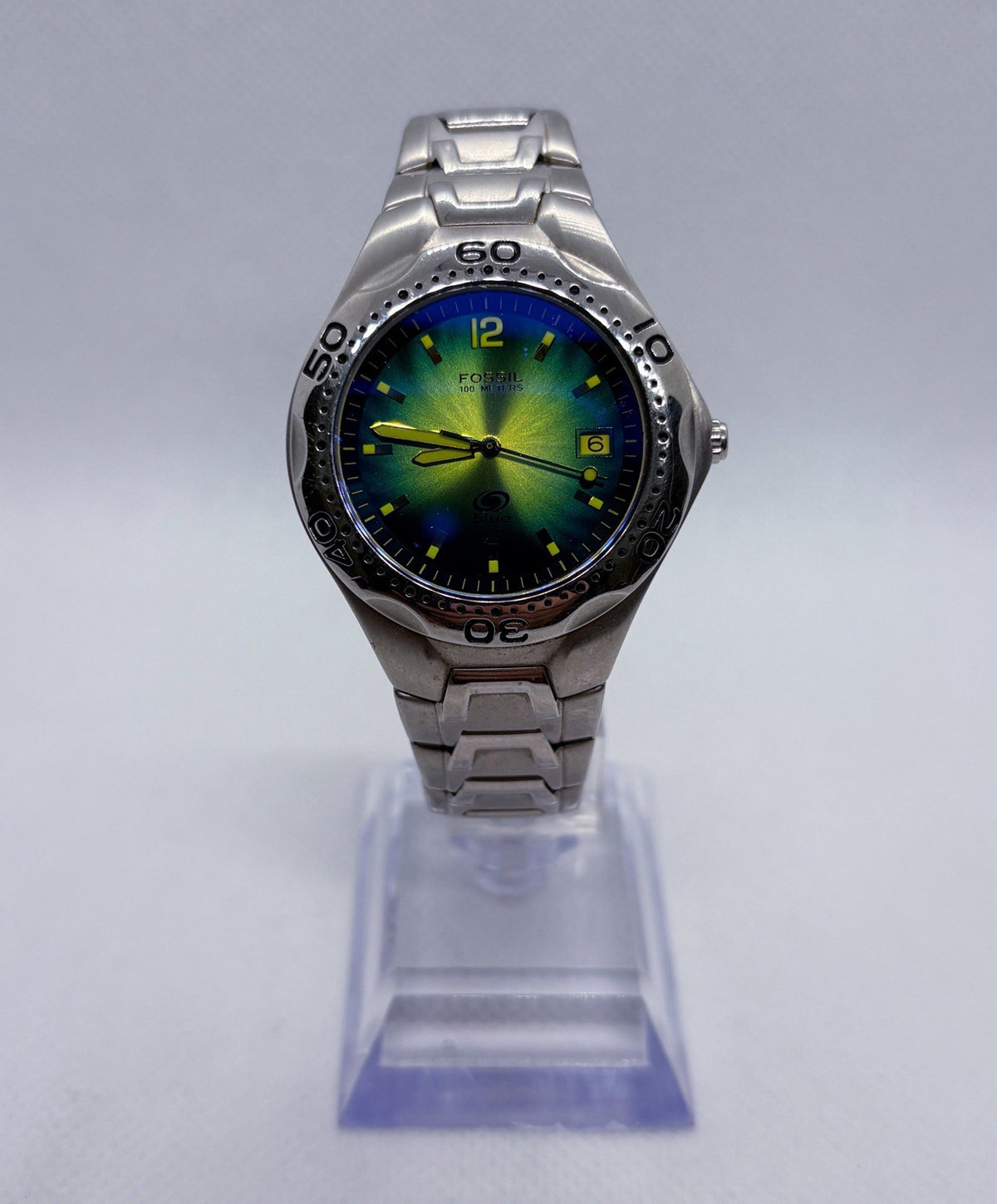 VTG Fossil Blue AM-3457 Women's Watch Blue Green Ombre Sunburst Dial 36mm Silver