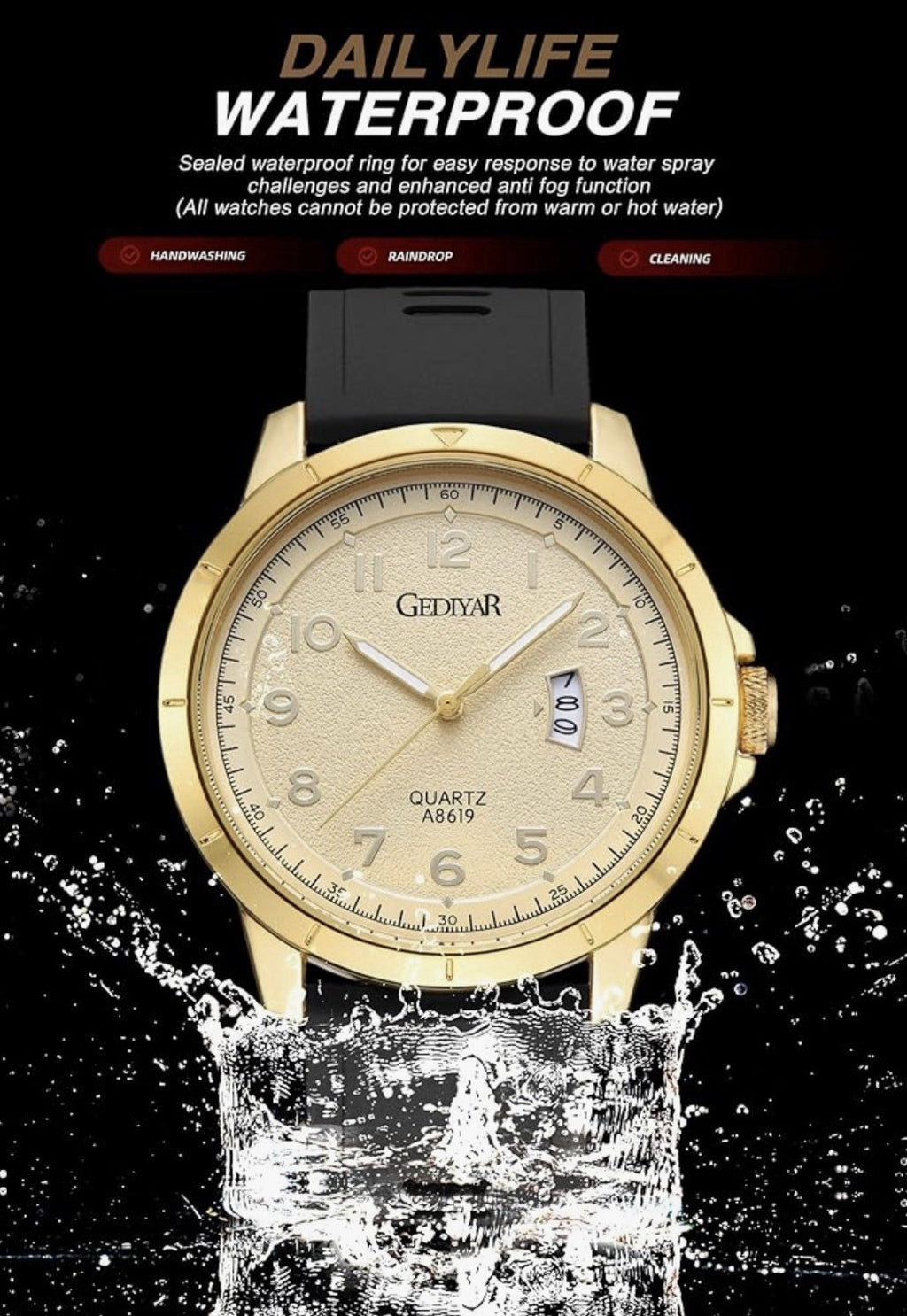 Gediyar Men’s Quartz Watch Gold Case/Dial Black Silicone Band 45mm Case A8619