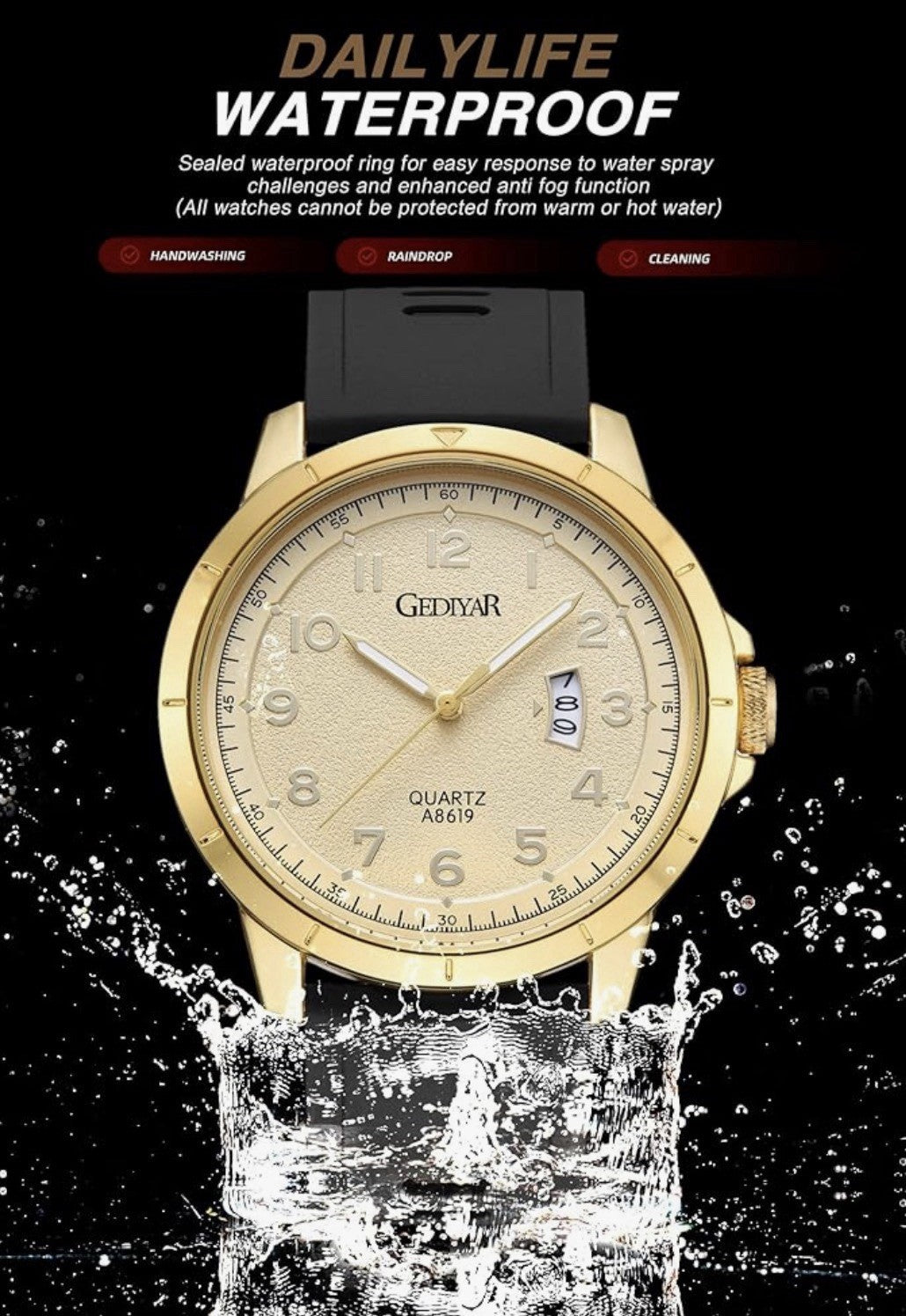 Gediyar Men’s Quartz Watch Gold Case/Dial Black Silicone Band 45mm Case A8619