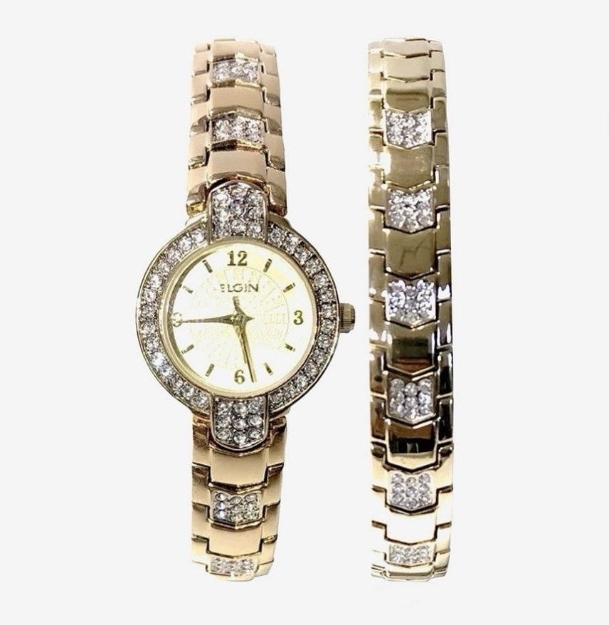 Elgin Woman's Analog Watch Bracelet Set with Arrow Link Design in Gold EG17010ST
