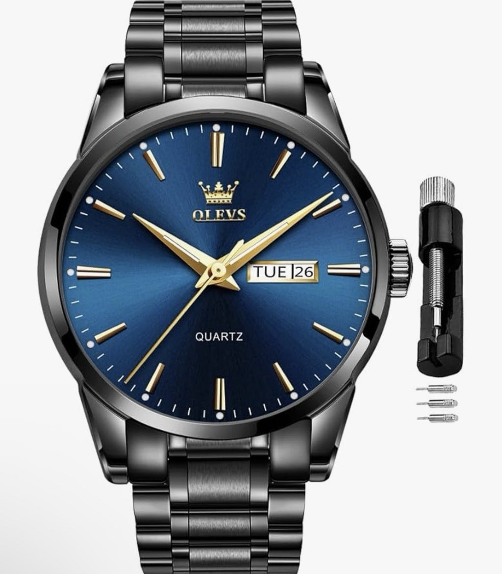 NIB OLEVS Men's Luxury Watch 6898G Ion Stainless Steel Band Blue Dial Day/Date