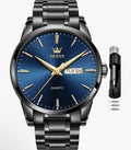 NIB OLEVS Men's Luxury Watch 6898G Ion Stainless Steel Band Blue Dial Day/Date