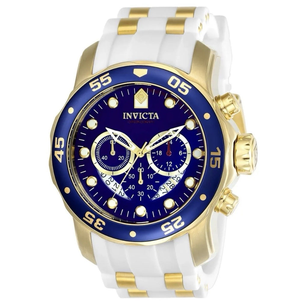 Invicta Mens Pro Diver SCUBA Chronograph 18K Gold Blue Dial White SS Strap Watch