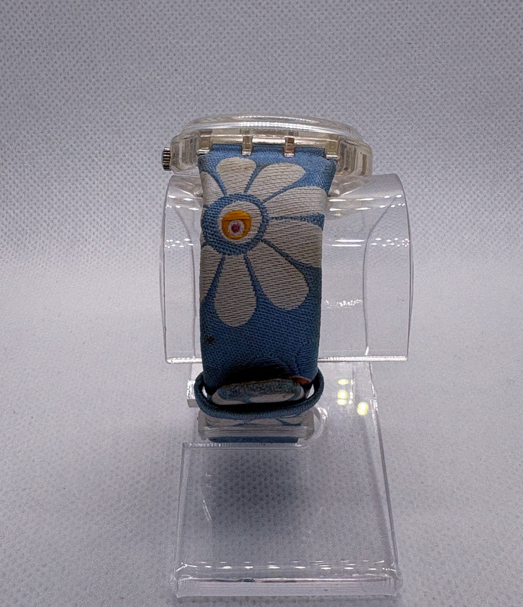 Swatch Happy Field Watch Silver Face Embroidered Flowers Band Clear Case GE146